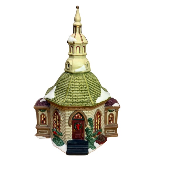 Other - Vintage 1999 Christmas Church Village Building Green Cream Retro Holiday Decor